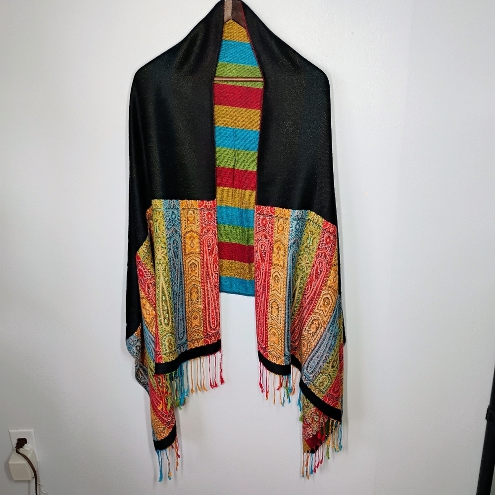 Pashmina Style Boho Paisley Rainbow Stripe Fringe Scarf Shawl Cover Up One Size‎ - Picture 6 of 13